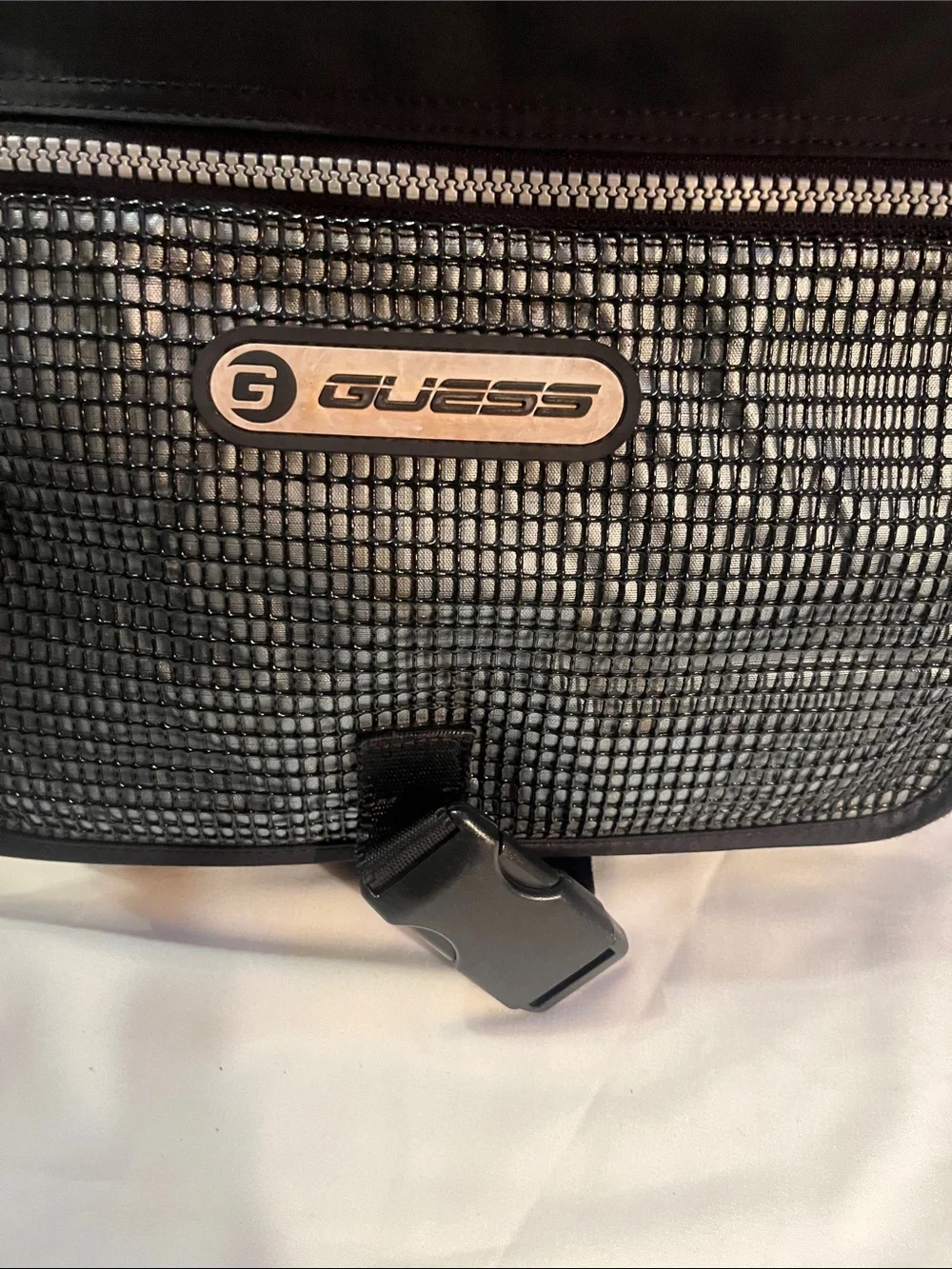 GUESS Black Mesh-Accent Men's Messenger Bag with Red Trim